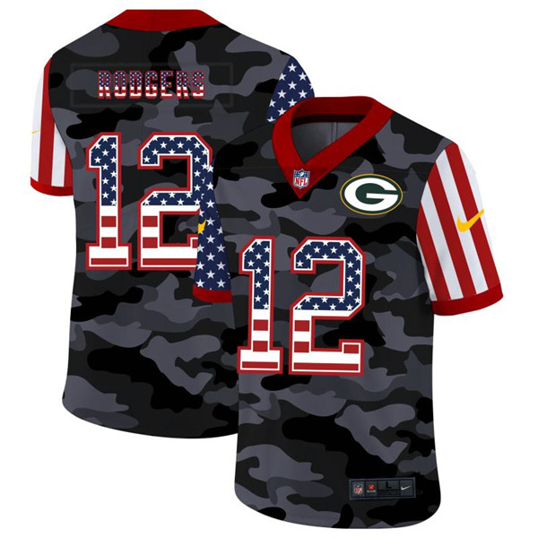 Men's Green Bay Packers #12 Aaron Rodgers 2020 Camo USA Flag Limited Stitched Jersey
